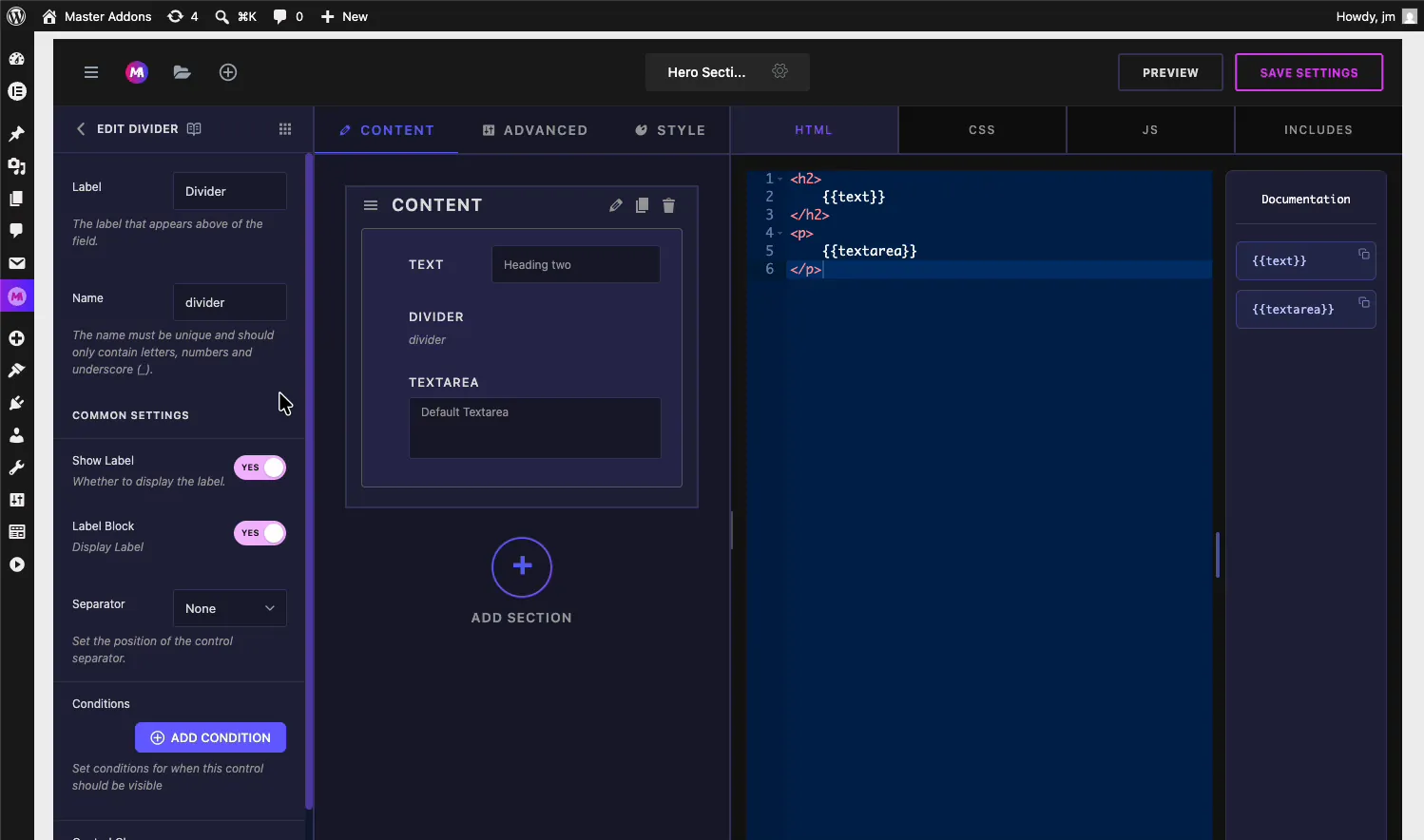 Widget Builder Content section showing Text, Divider, and Textarea stacked in order with the Divider field settings open on the left