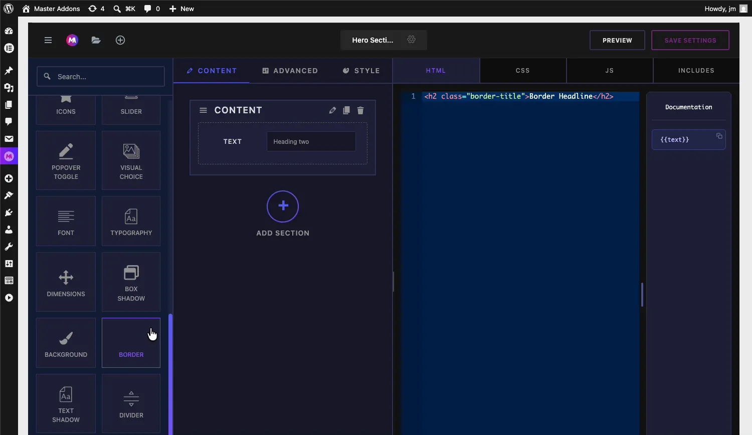 Border field in the Master Addons Widget Builder fields panel with a heading widget open in the HTML editor