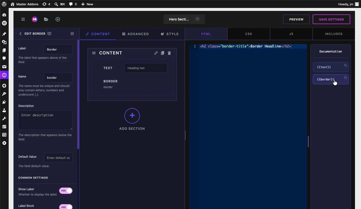 Border field options in the Widget Builder with Label, Name, Description, and Default Value, and the border shortcode in the Documentation sidebar