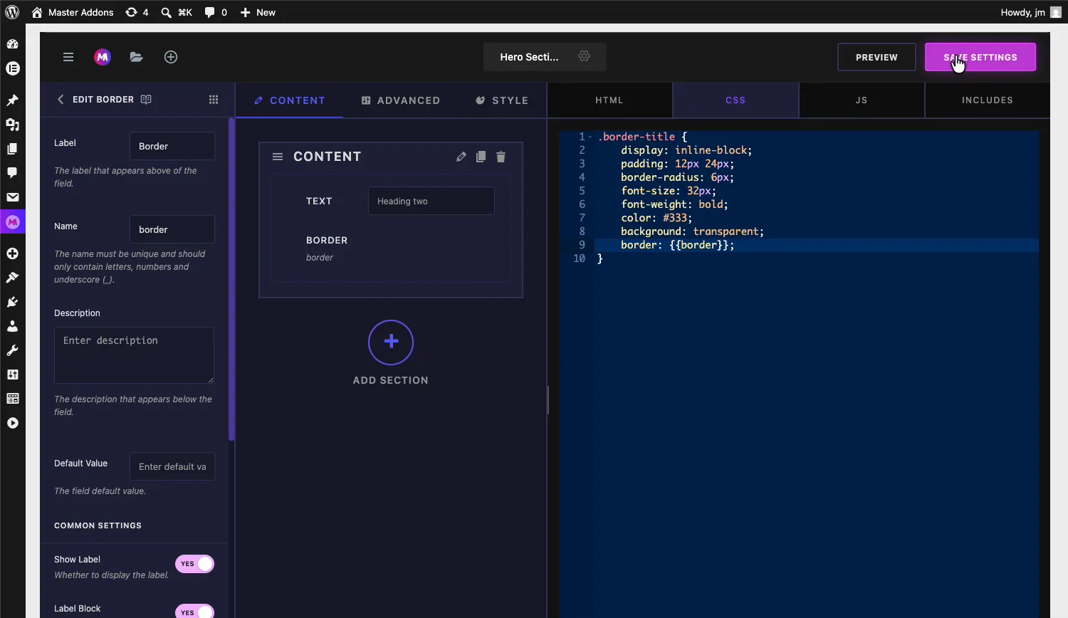 Widget Builder CSS editor with border: {{border}} inside the .border-title selector and the Save Settings button highlighted