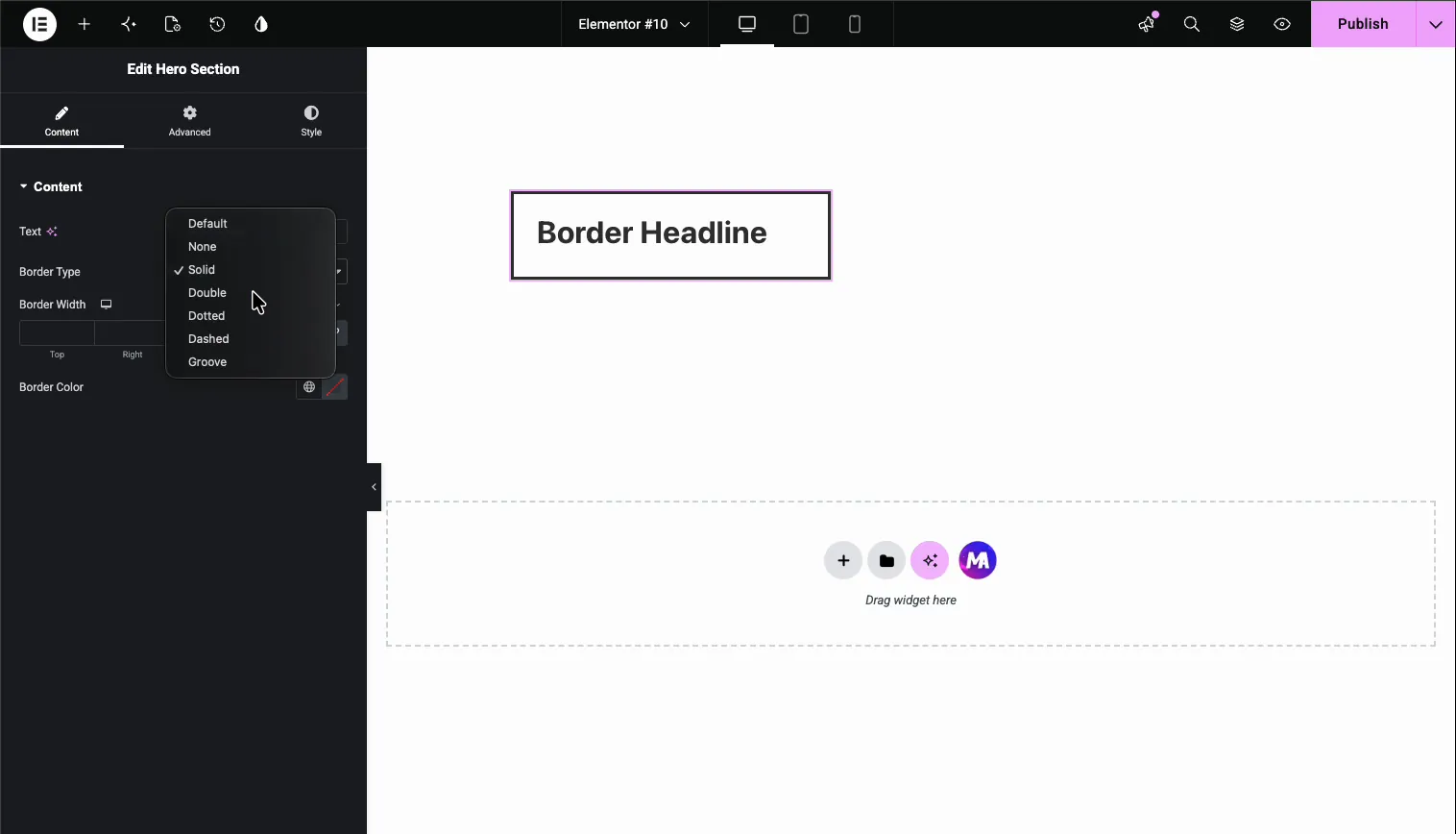 Border Type dropdown in Elementor showing Default, None, Solid, Double, Dotted, Dashed, and Groove options for the custom widget