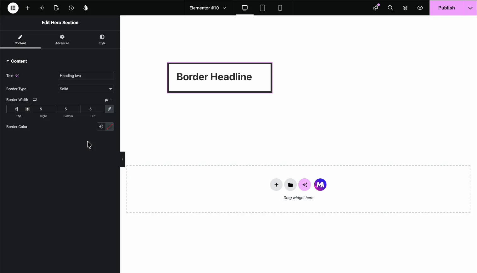 Border Width control in Elementor with linked values of 5 pixels drawing a solid border around the custom widget heading