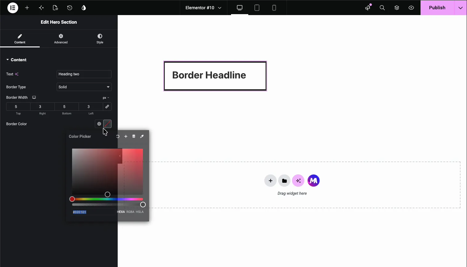 Elementor color picker open on the Border Color control for the Widget Builder Border field