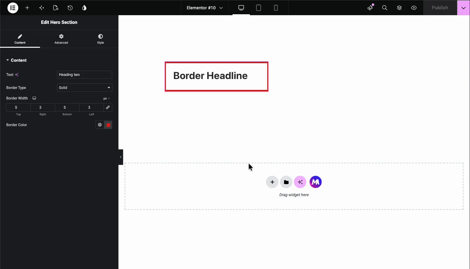 Custom Elementor widget with a red solid border applied through the Master Addons Widget Builder Border field controls