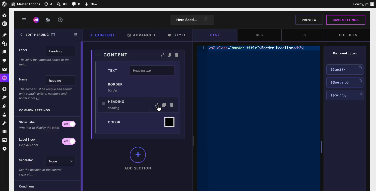 Heading field placed between the Border and Color fields in the Widget Builder Content section with its settings open on the left