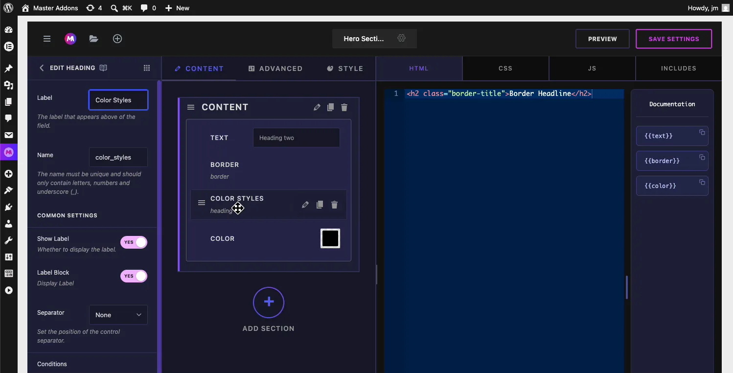 Heading field Label changed to Color Styles in the Widget Builder settings with the field card updating in the Content section