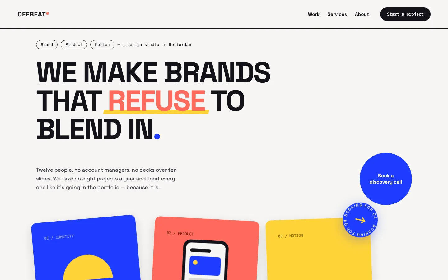 Offbeat Studio agency hero section for Elementor with bold uppercase headline, coral accent word, and tilted portfolio collage