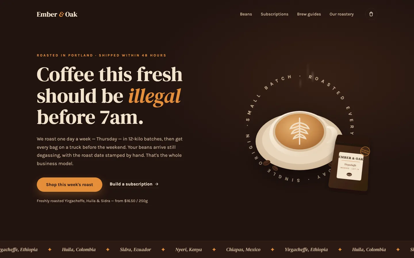 Ember and Oak coffee shop hero section for Elementor with rotating text ring around a latte cup on dark espresso background