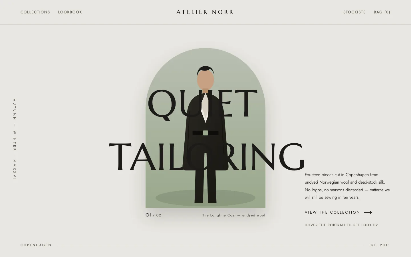 Atelier Norr fashion hero section for Elementor with oversized QUIET TAILORING typography straddling an arched portrait