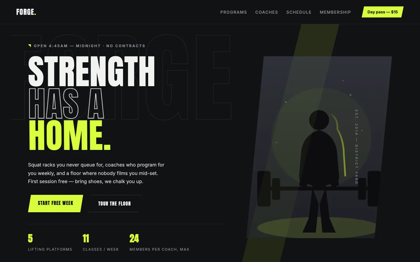 Forge Athletics gym hero section for Elementor with condensed uppercase headline, volt green accent, and angled athlete image