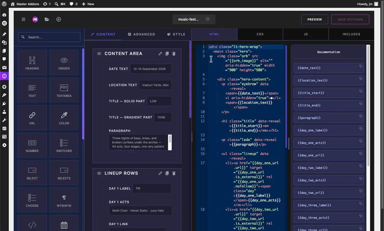 Imported hero widget open in Master Addons Widget Builder showing content fields, HTML code, and documentation tokens