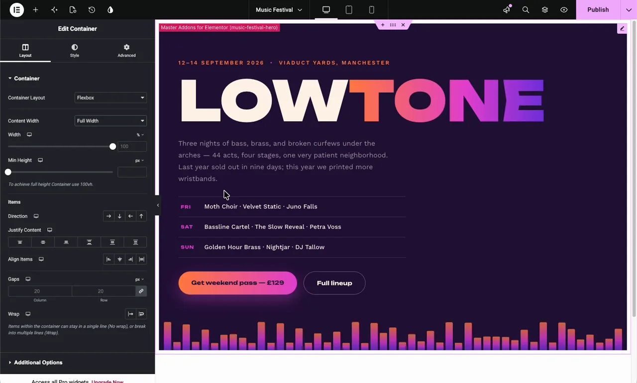 Music festival hero widget dropped into an Elementor page inside a full-width flexbox container