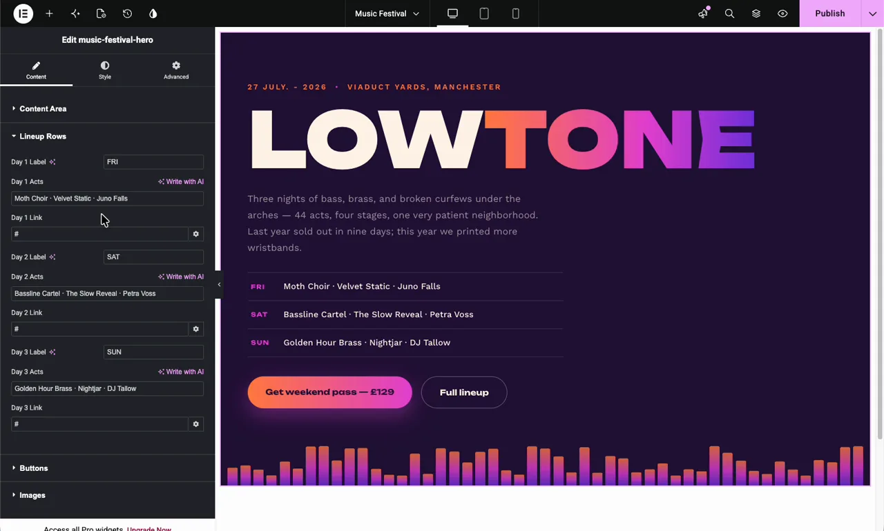 Elementor content panel showing editable lineup fields, day labels, and link controls for the hero widget
