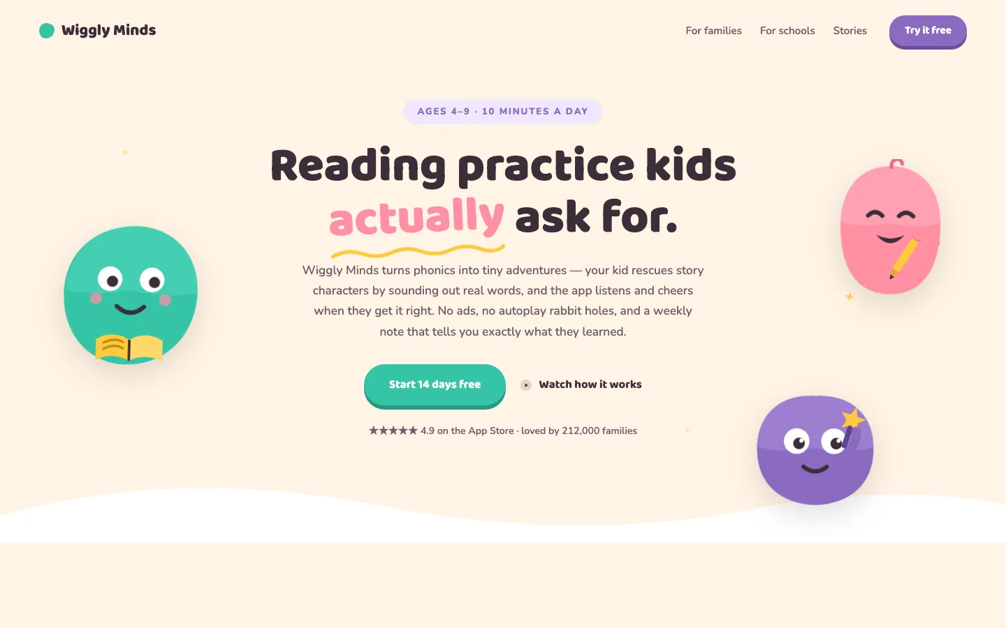 Wiggly Minds kids learning hero section for Elementor with pastel colors, bouncing blob mascots, and squiggle underline