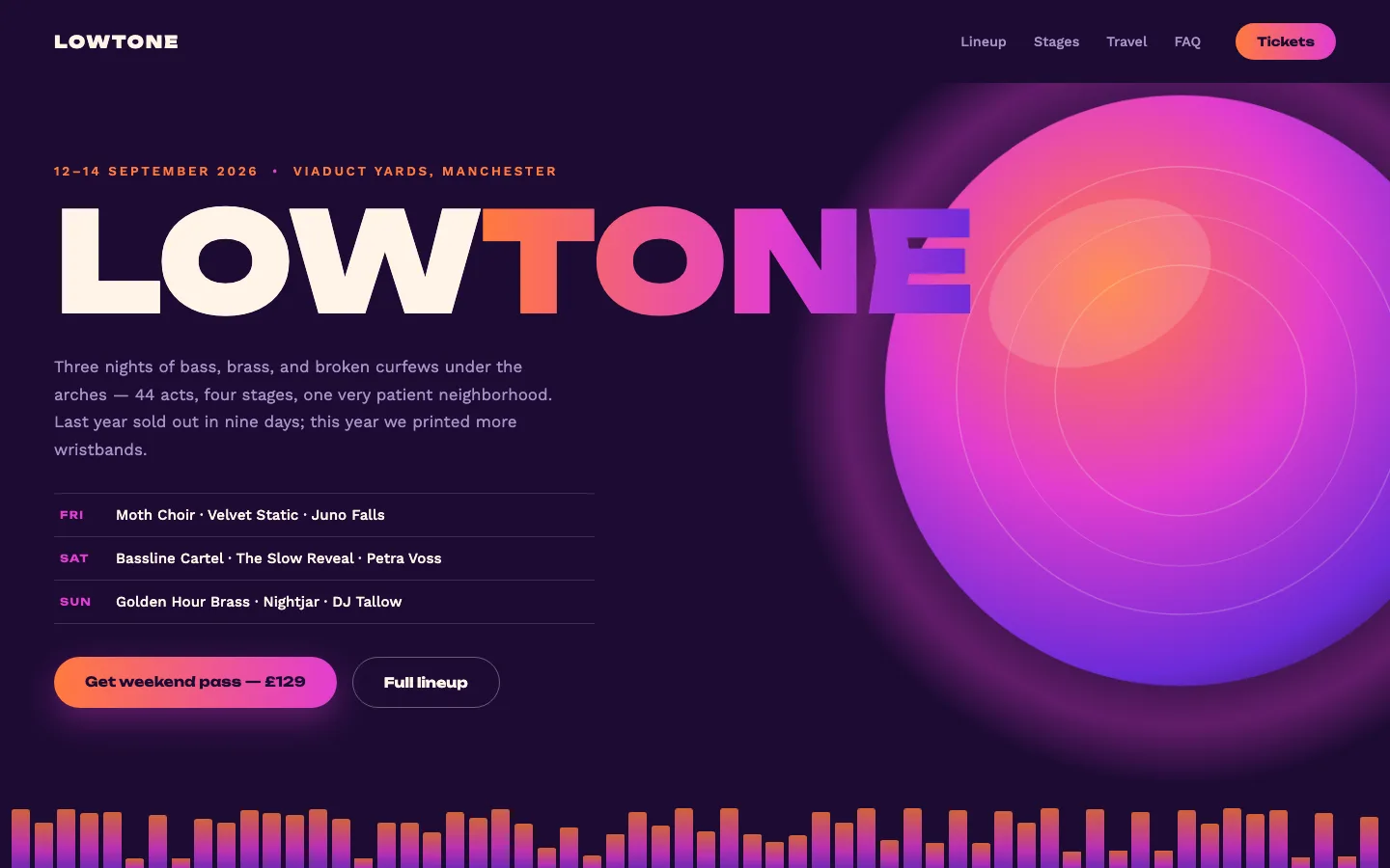 Lowtone music festival hero section for Elementor with gradient wordmark, glowing orb, lineup rows, and animated equalizer