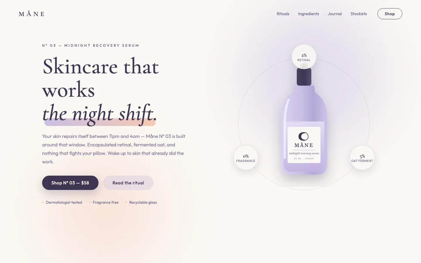 Måne skincare hero section for Elementor with lavender product bottle and ingredient badges orbiting on a dashed ring
