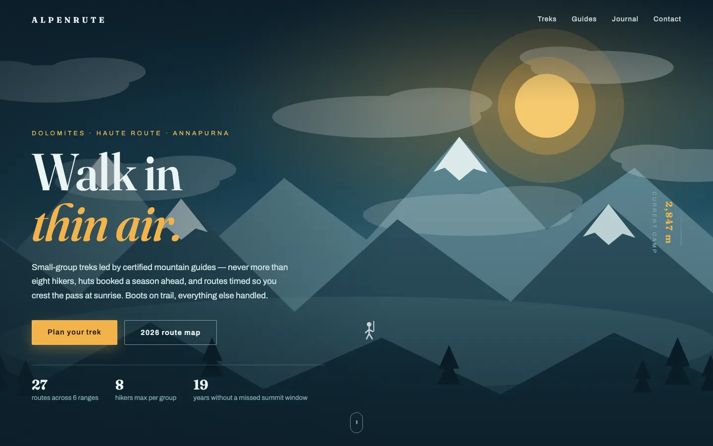 Alpenrute travel hero section for Elementor with layered mountain parallax scene, amber sun, and altitude counter