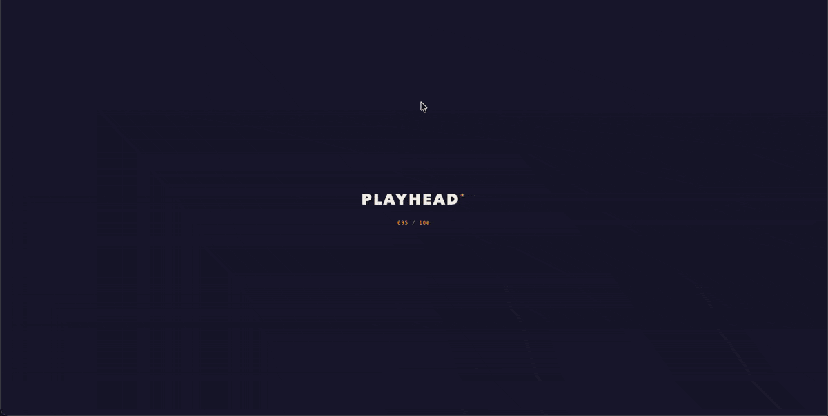 Playhead GSAP animation template hero section with giant split text headline, glow orbs and parallax keyframe diamonds