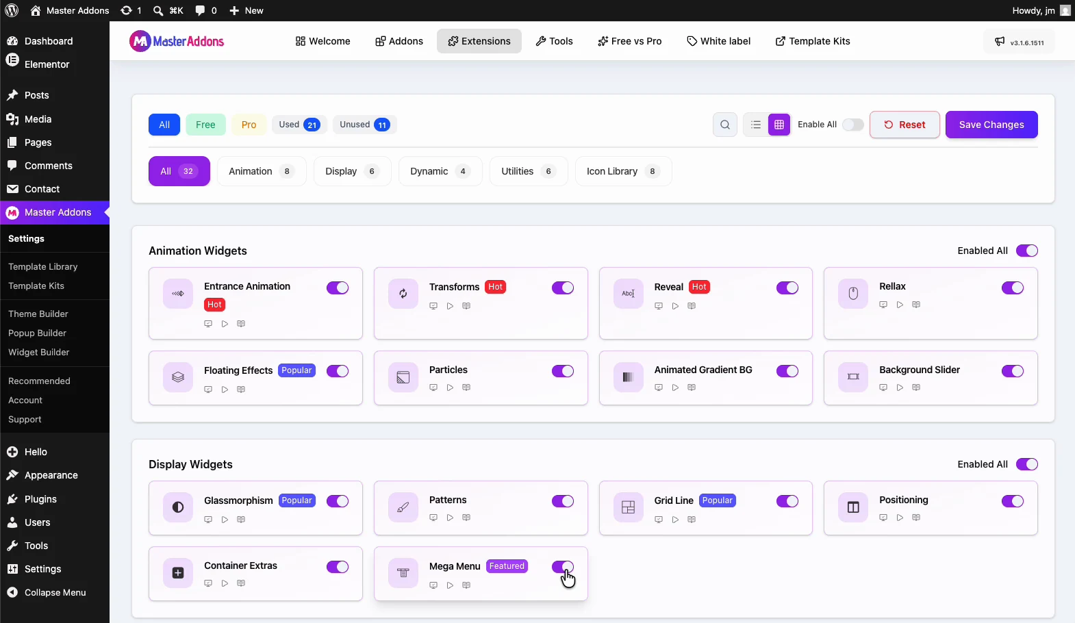 Mega Menu extension toggled on in the Master Addons Addons and Extensions screen in the WordPress dashboard