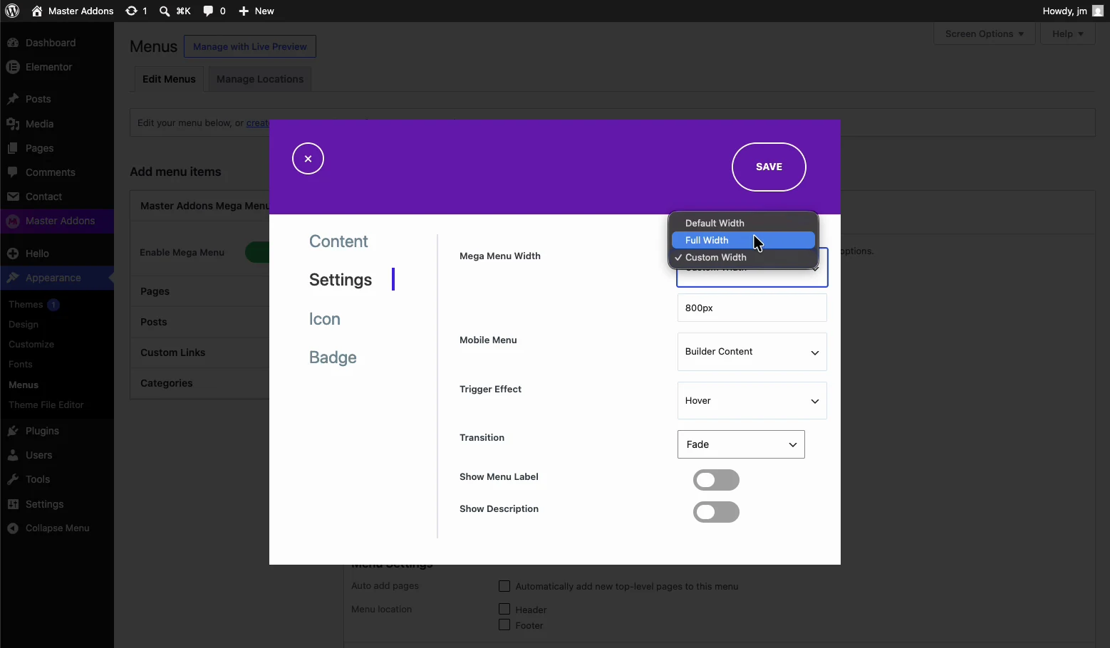 Mega menu item settings popup with Enable Mega Menu turned on and the panel width dropdown showing Default, Full and Custom Width options