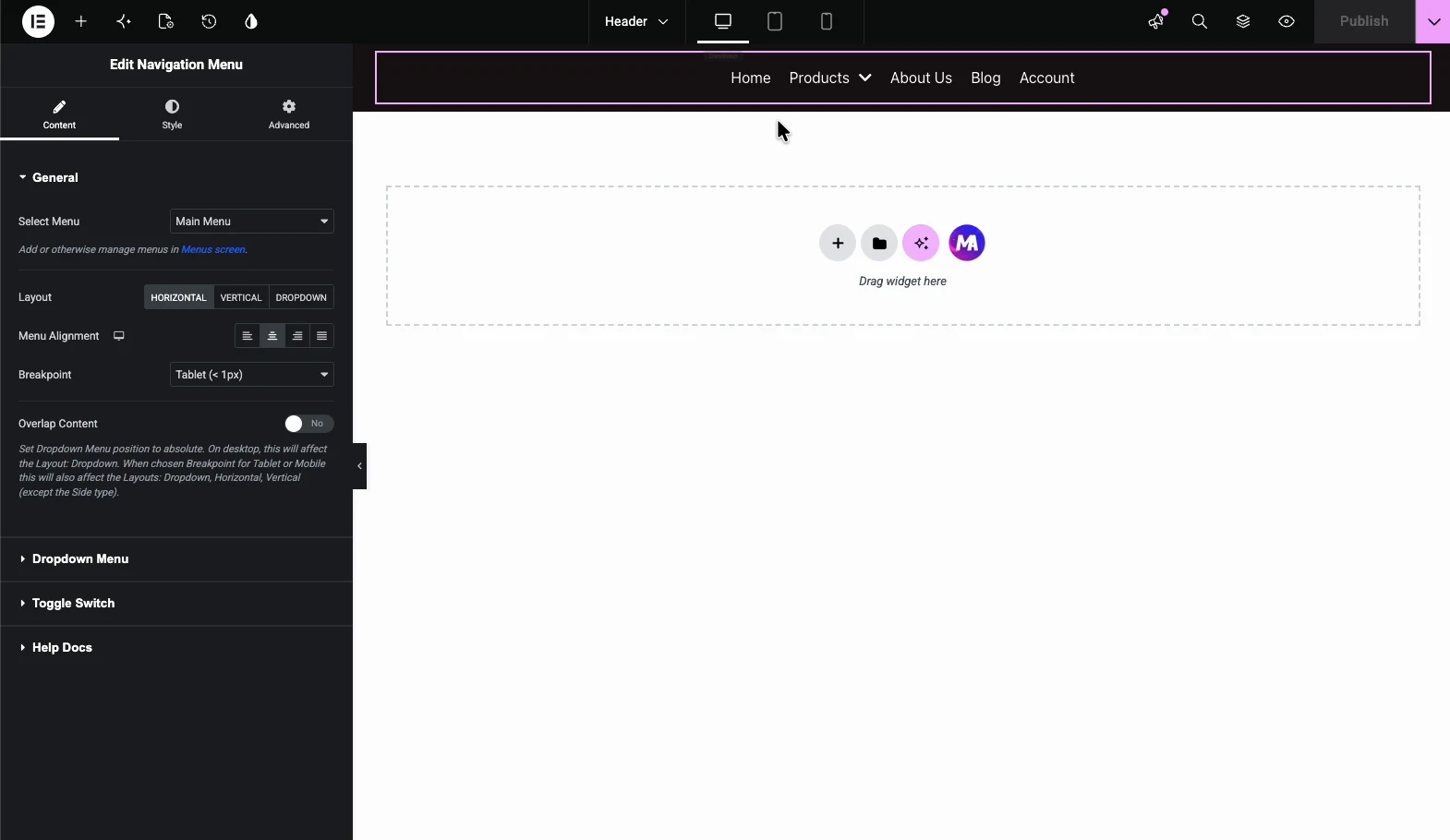 Nav Menu widget selected in a Master Addons Theme Builder header template inside the Elementor editor