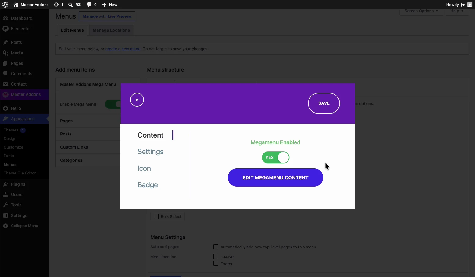 Mega menu item popup with Megamenu Enabled set to yes and the Edit Megamenu Content button on the Content tab