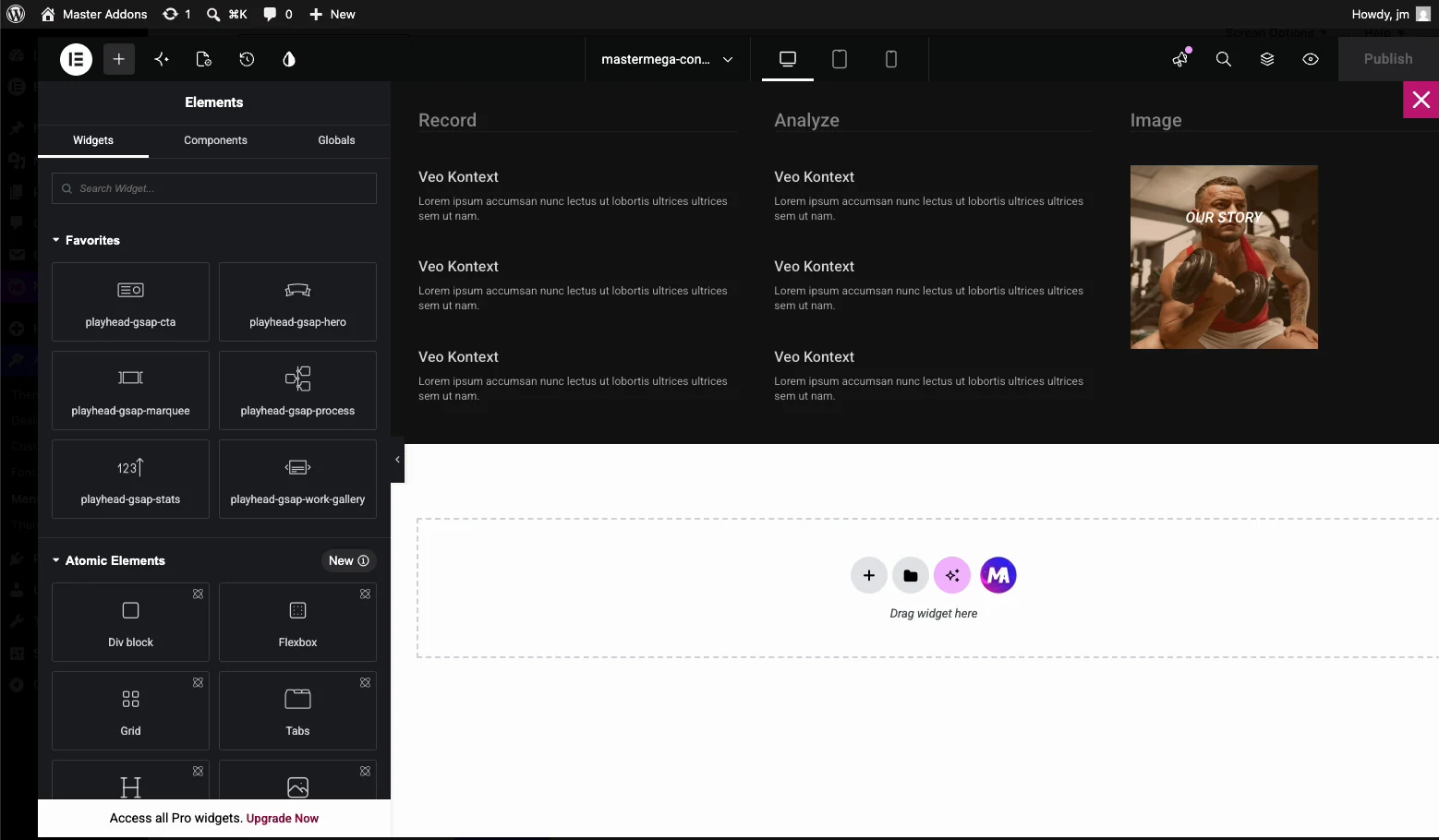 Elementor editor designing a mega menu panel with Record and Analyze link columns and a featured image column