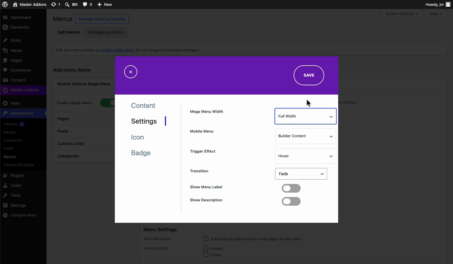 Mega menu Settings tab with Mega Menu Width set to Full Width, Mobile Menu on Builder Content, Trigger Effect on Hover, and Transition on Fade