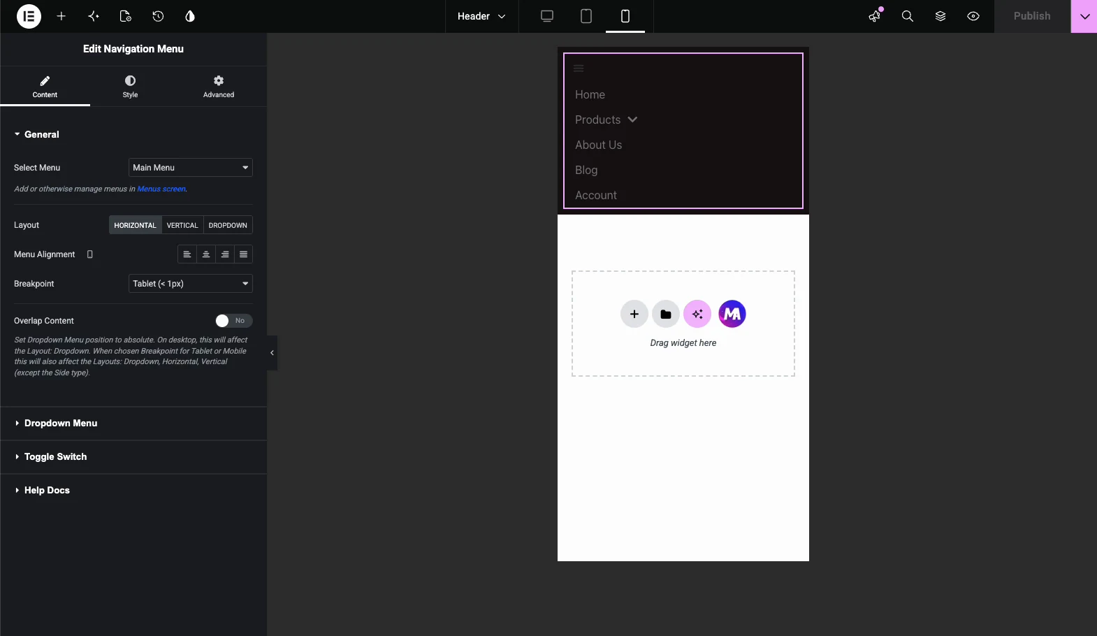 Elementor mobile preview with the mega menu open from the hamburger toggle and menu links stacked vertically