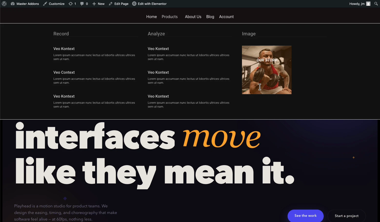 Full width mega menu panel spanning the whole page on a live Elementor site built with the Master Addons Mega Menu extension