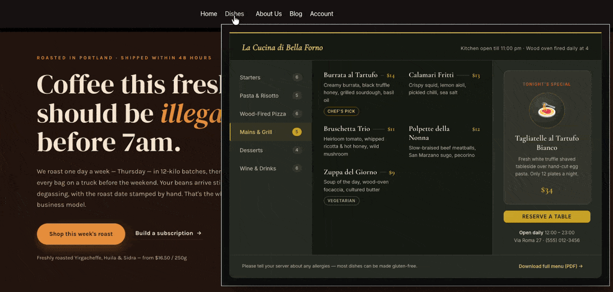 Animated demo of a restaurant mega menu in Elementor: hovering the Dishes item opens the panel and switching categories updates the dish list live