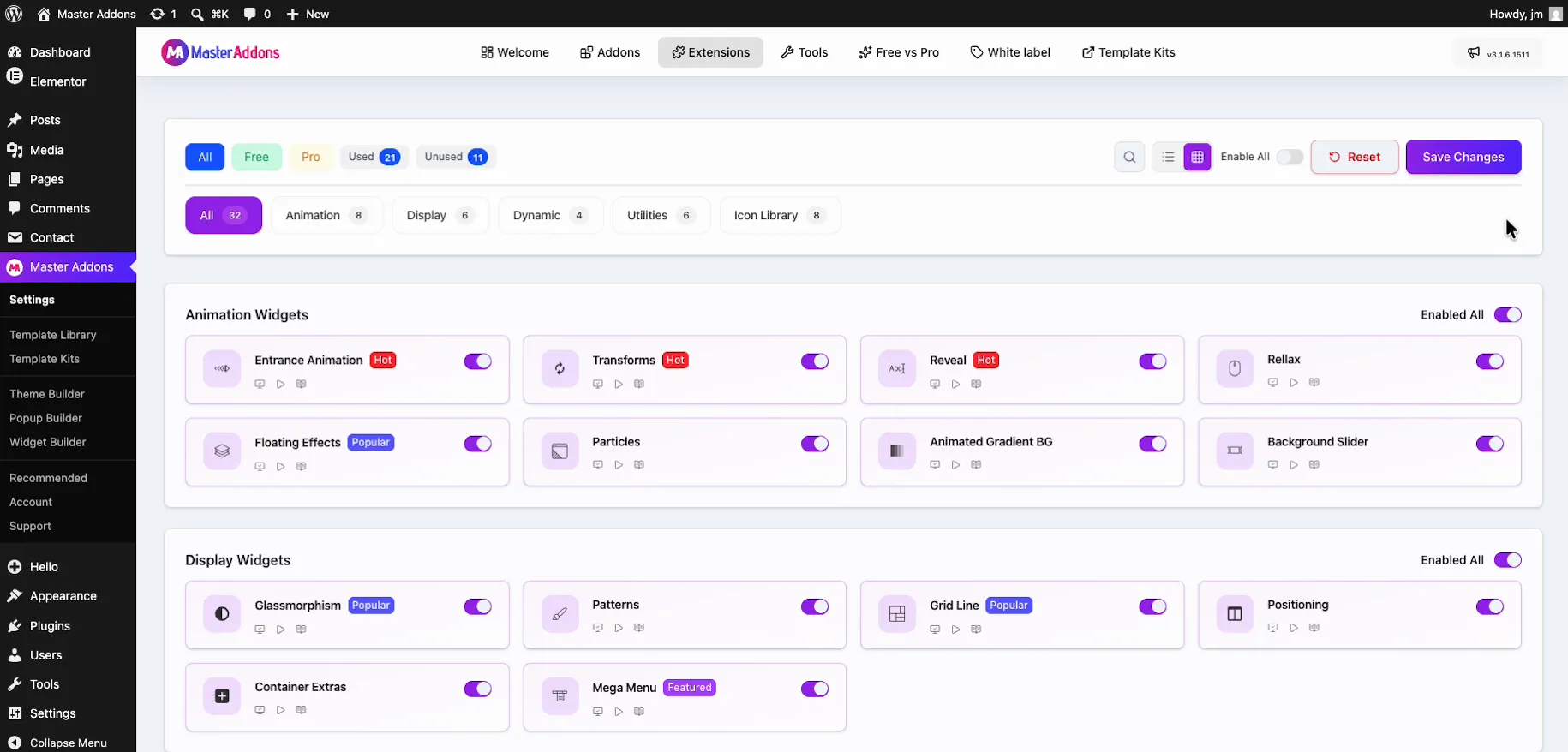 Master Addons Extensions settings page with the Mega Menu toggle switched on and the Save Changes button in the top right