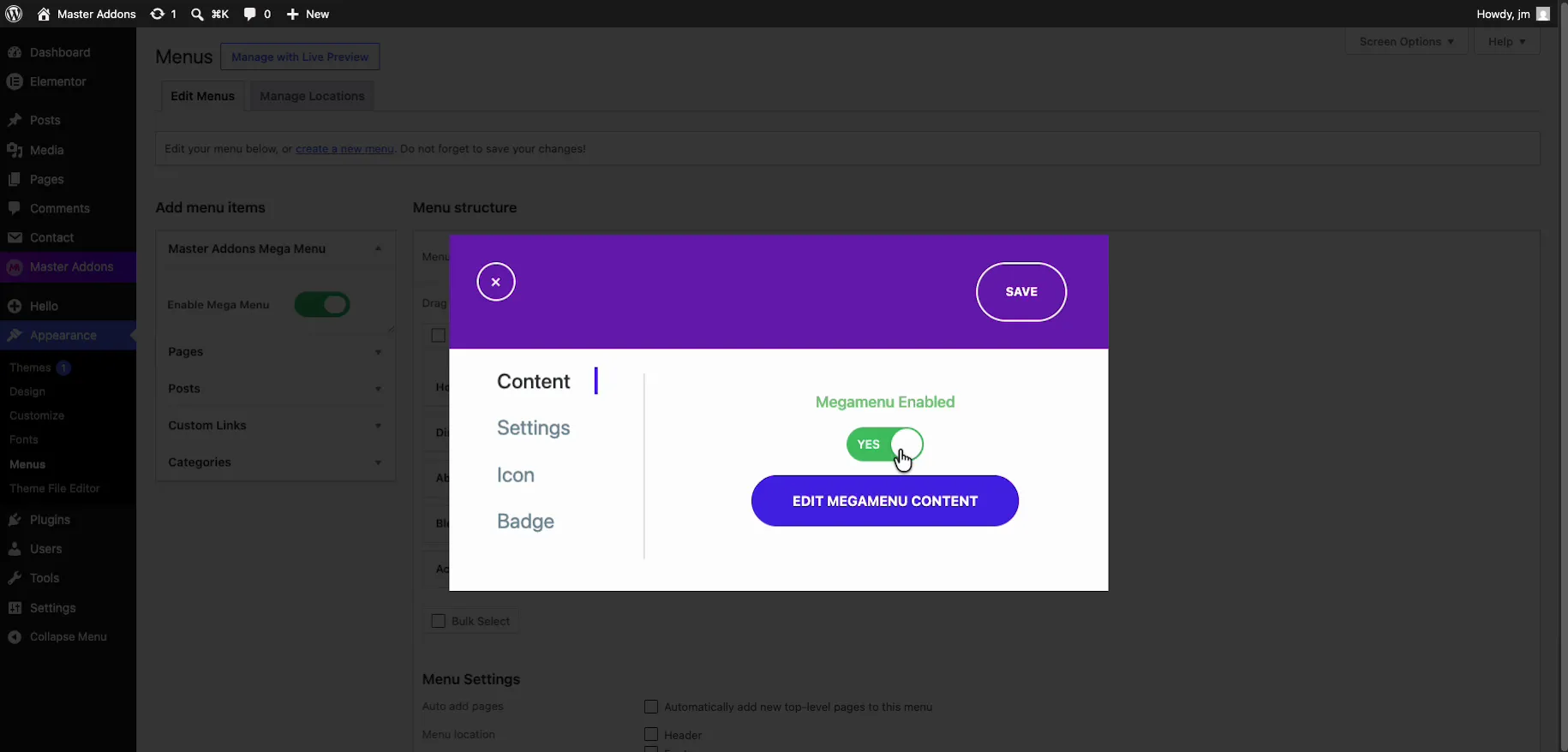 Master Mega popup Content tab with the Megamenu Enabled toggle set to yes and the Edit Megamenu Content button active