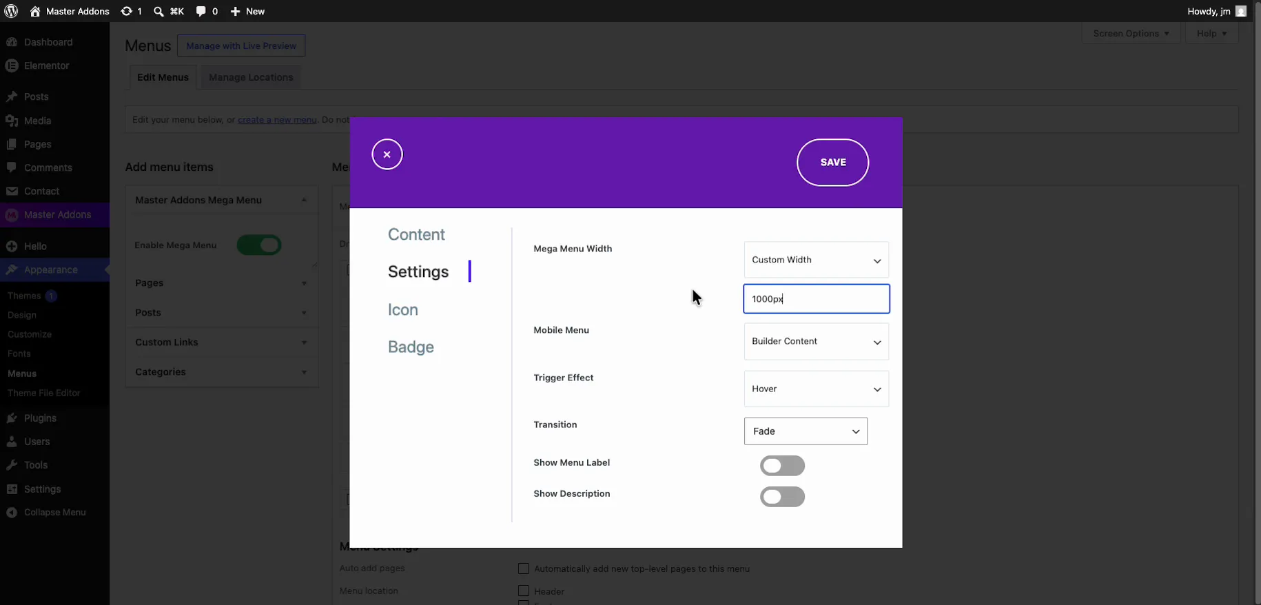 Settings tab showing Mega Menu Width set to Custom Width 1000px, Mobile Menu set to Builder Content, Trigger Effect Hover and Transition Fade