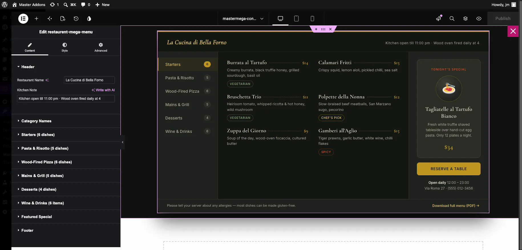 Elementor editor with the restaurant mega menu panel: category sidebar on the left, dish grid with prices and dietary tags in the middle, tonight's special card with Reserve a Table button on the right