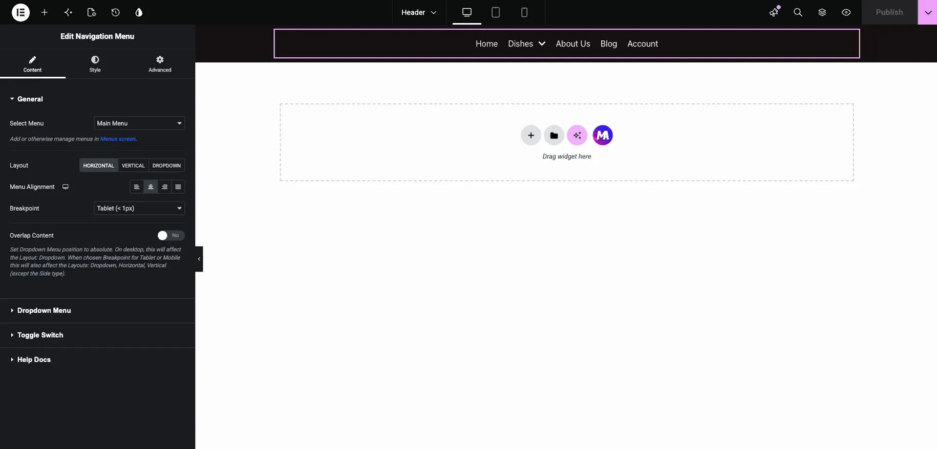 Navigation Menu widget in the header template with Main Menu selected and the Home, Dishes, About Us, Blog, Account items showing in the preview