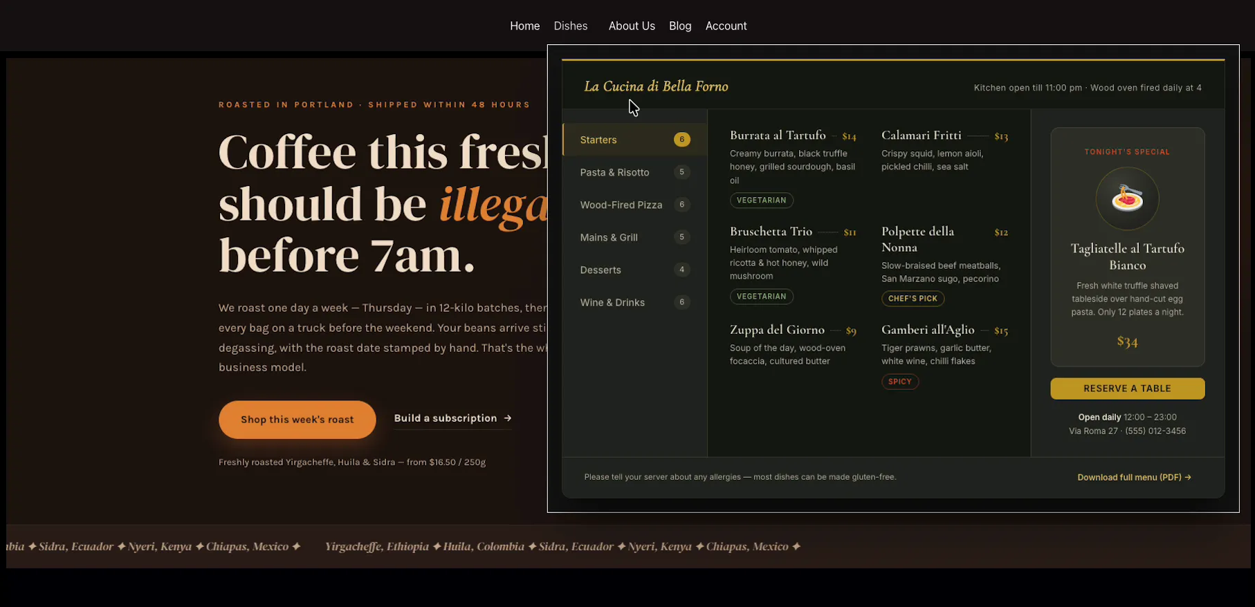 Finished restaurant mega menu open on the frontend, showing menu categories, dishes with prices and dietary tags, tonight's special and a Reserve a Table button