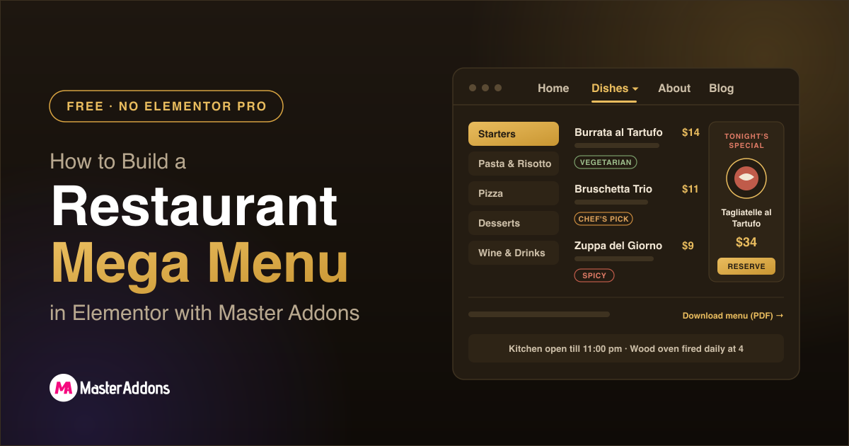 How to build a restaurant mega menu in Elementor for free with Master Addons