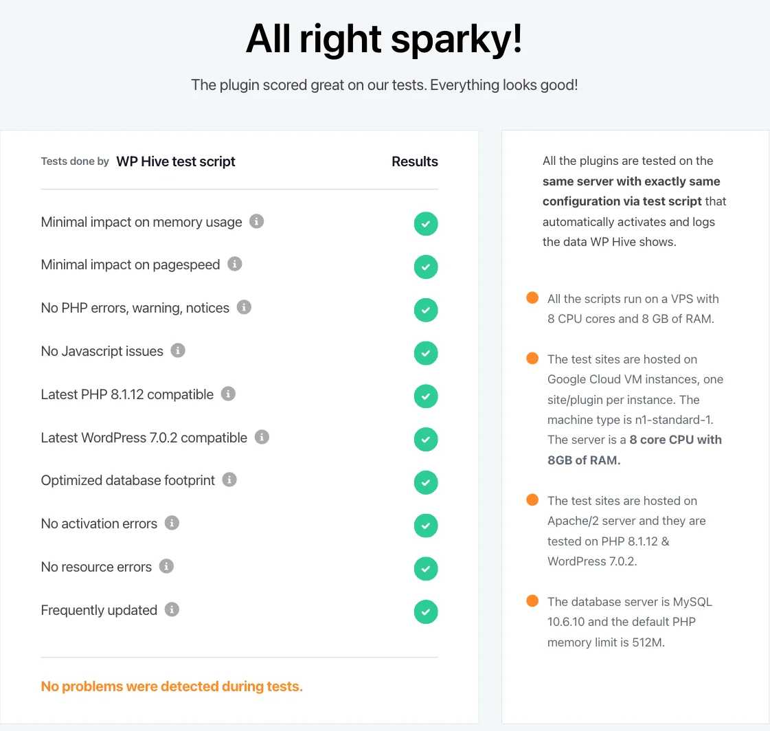 WPHive test results for Master Addons showing all checks passed including minimal impact on memory usage and pagespeed, with no problems detected during tests