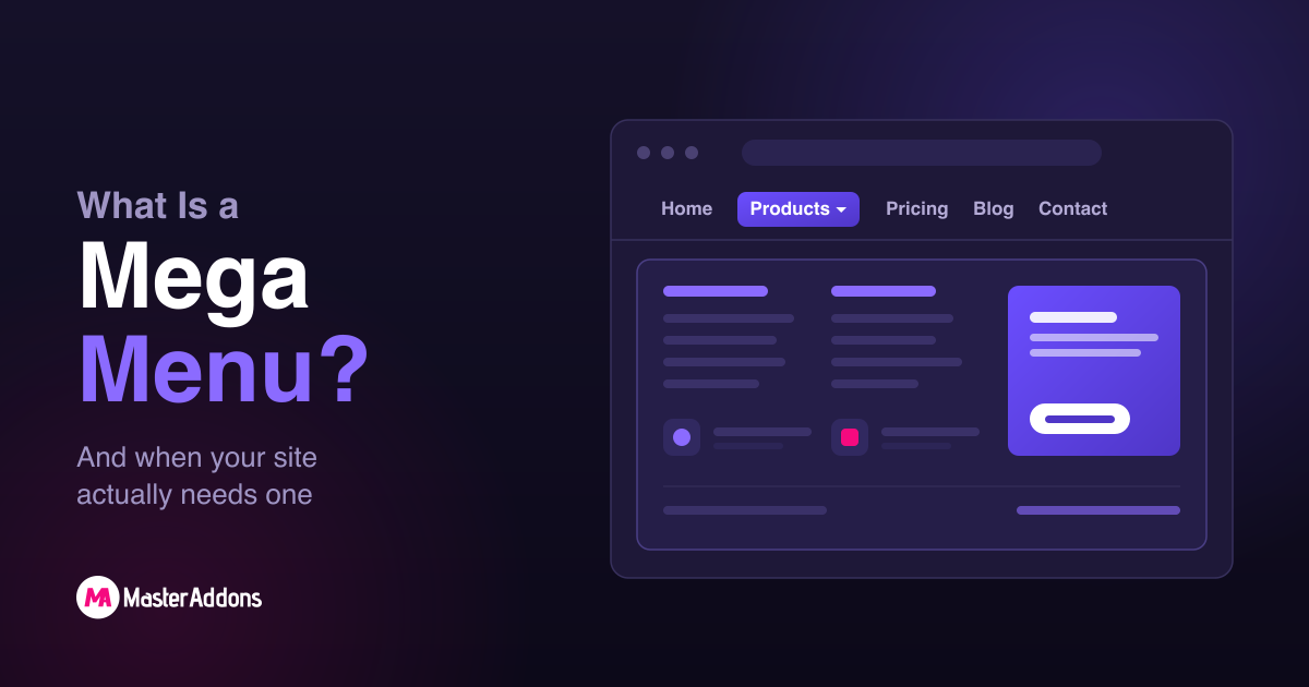 What is a mega menu, illustrated with a wide multi-column dropdown panel under a navigation item