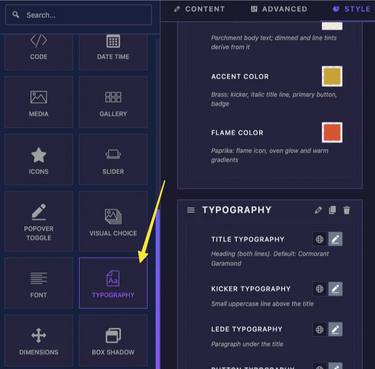 Typography field highlighted in the Master Addons Widget Builder fields panel next to the Font, Dimensions, and Box Shadow fields