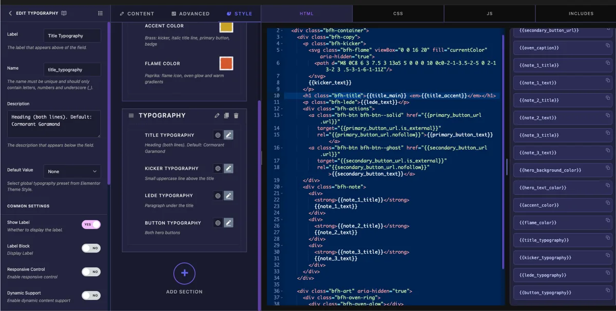 Typography field options in the Widget Builder showing the Label, Name, Description, and global Default Value settings for a Title Typography control