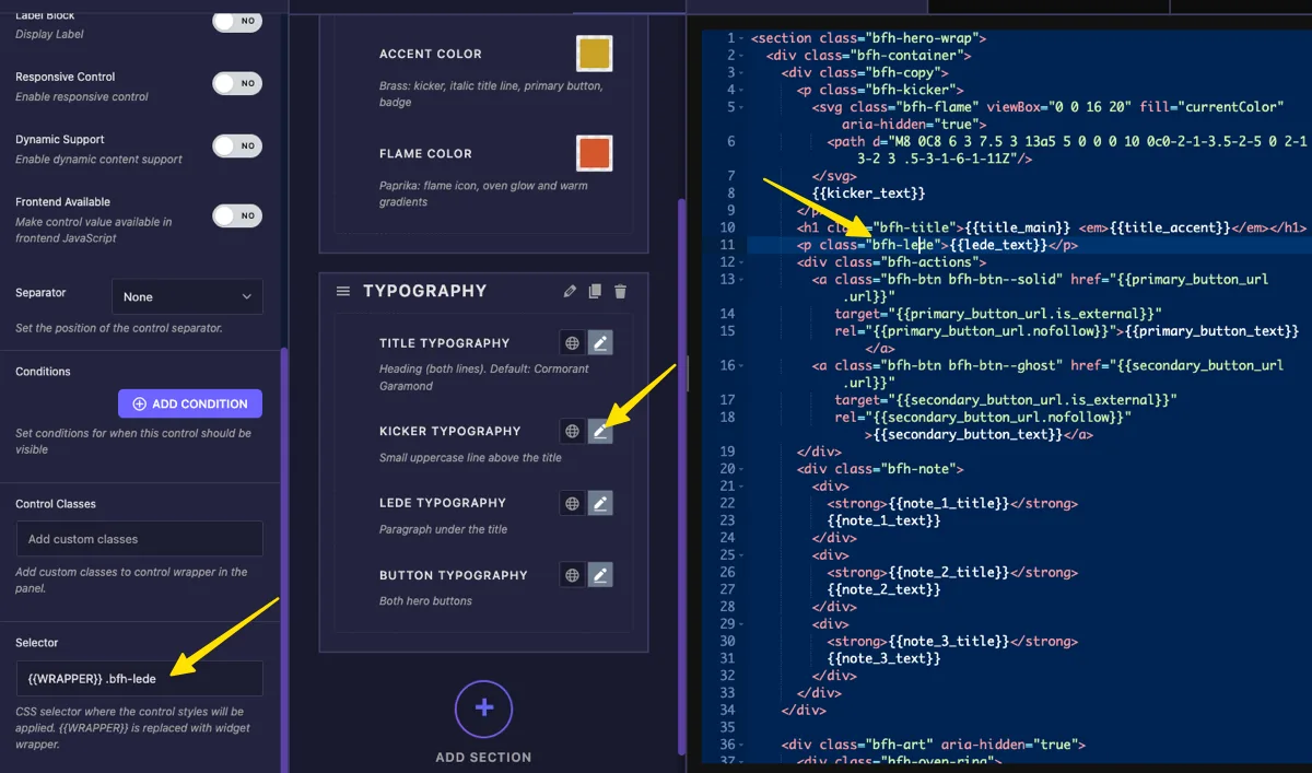 Selector option of the Widget Builder Typography field filled in with {{WRAPPER}} .bfh-lede pointing at the widget's intro paragraph