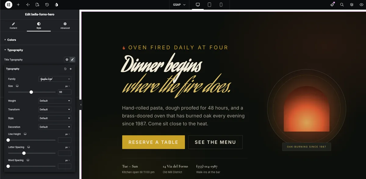 Typography popover in Elementor with a script font family selected at 98px and the custom hero widget heading updating live in the preview