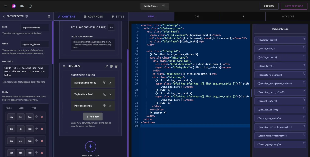 Repeater field options in the Master Addons Widget Builder with the Label Signature Dishes, the Name signature_dishes, and the sub-fields list beside the widget HTML