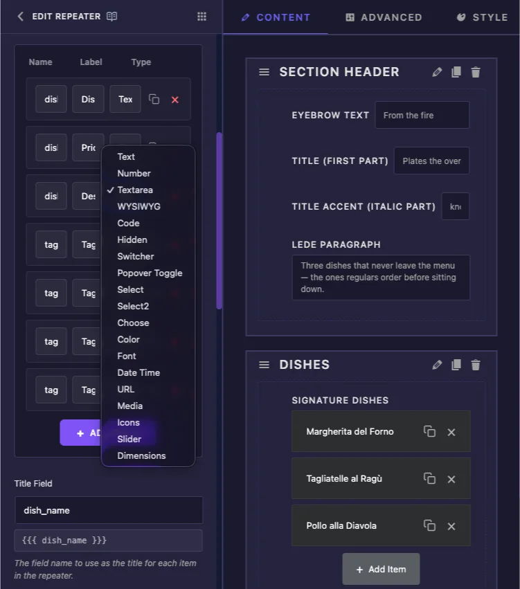 Sub-fields of a Repeater in the Widget Builder with the field type dropdown open and the Title Field set to dish_name