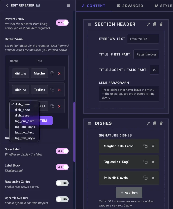 Repeater Default Value rows and the Prevent Empty toggle in the Widget Builder, with the sub-field dropdown listing dish_name, dish_price, and the tag fields