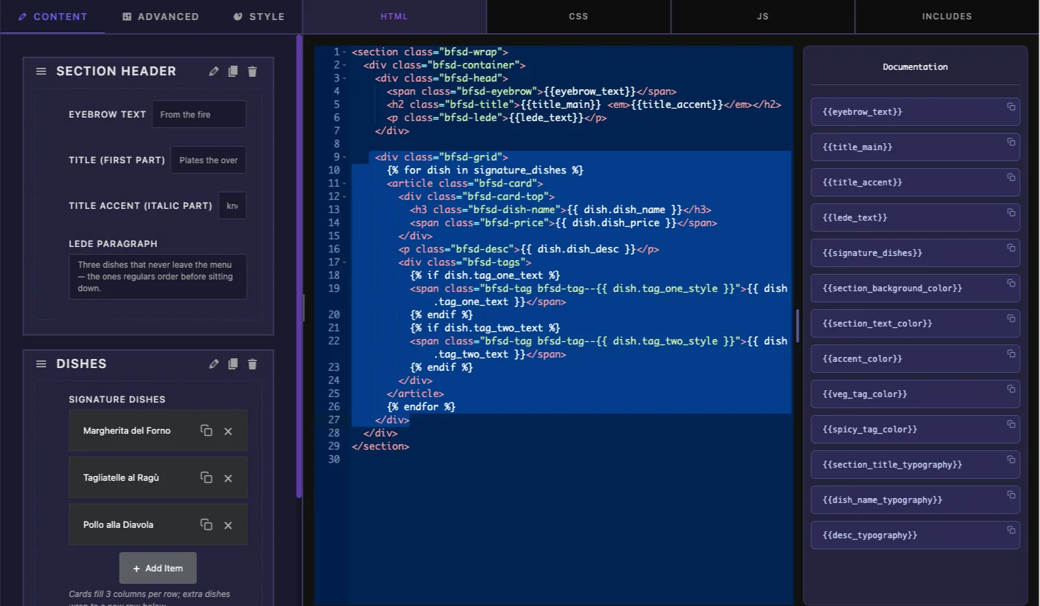 Widget Builder HTML editor with the {% for dish in signature_dishes %} loop highlighted and the shortcode Documentation sidebar beside it