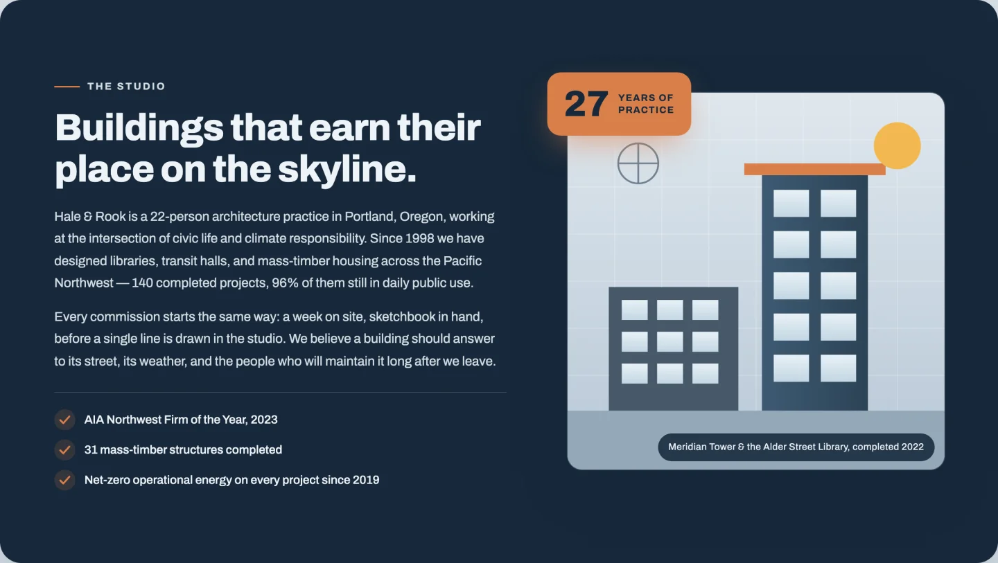 Dark Elementor about section template with architecture image right, credentials checklist and floating years-of-experience badge