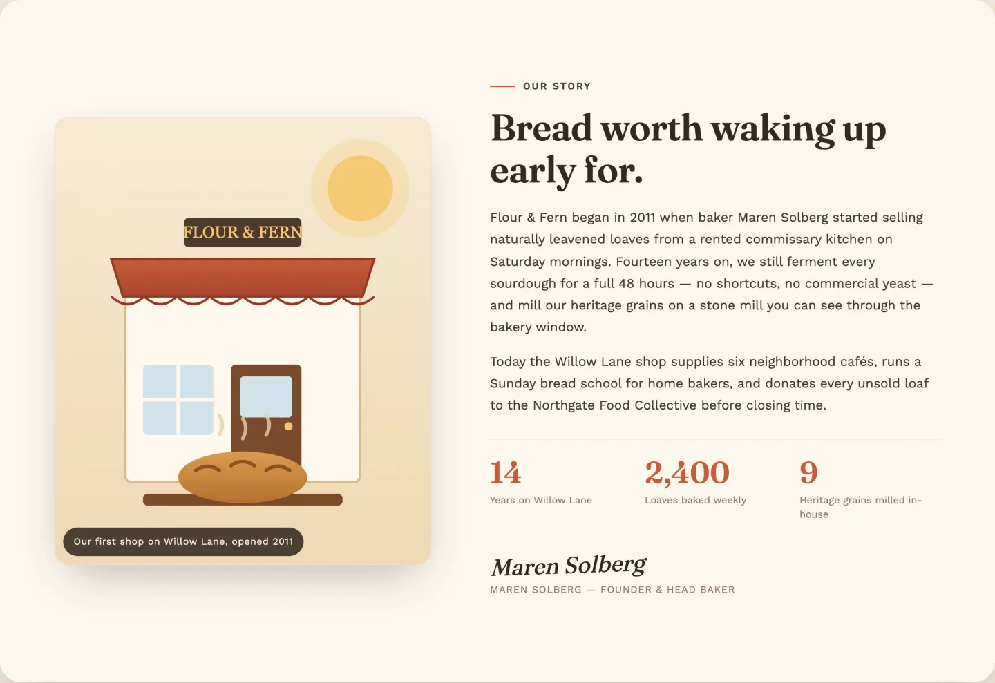 Warm Elementor about section template with bakery photo left, story text right, count-up stats and a signature